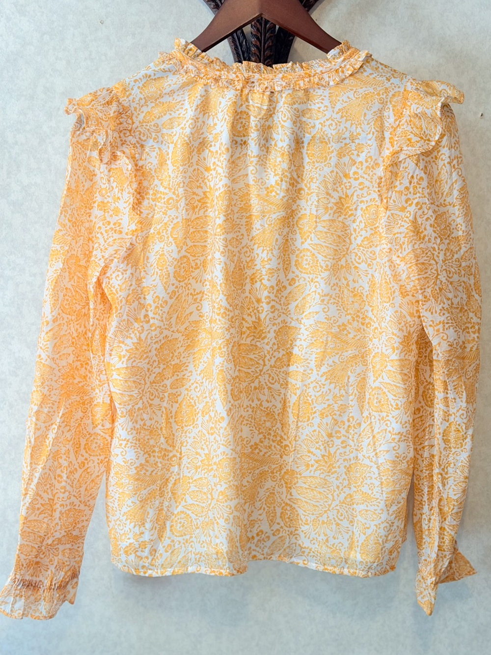 J.Crew Yellow Floral Paisley Blouse Ruffle Neck Long Sleeve V Neck Top Feminine - Picture 4 of 7